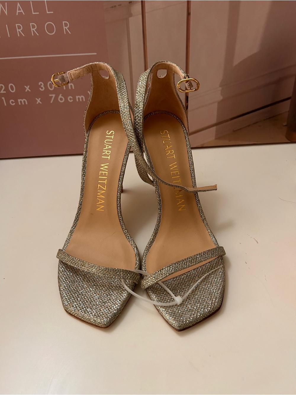 Stuart Weitzman Silver Glitter Ankle-Strap Heels